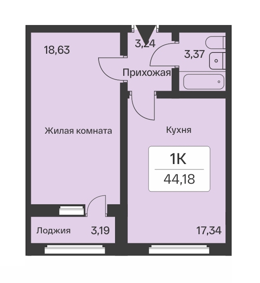 1-комнатная квартира 44.18 м², 10/10 эт., ЖК «Расцветай в Янино»